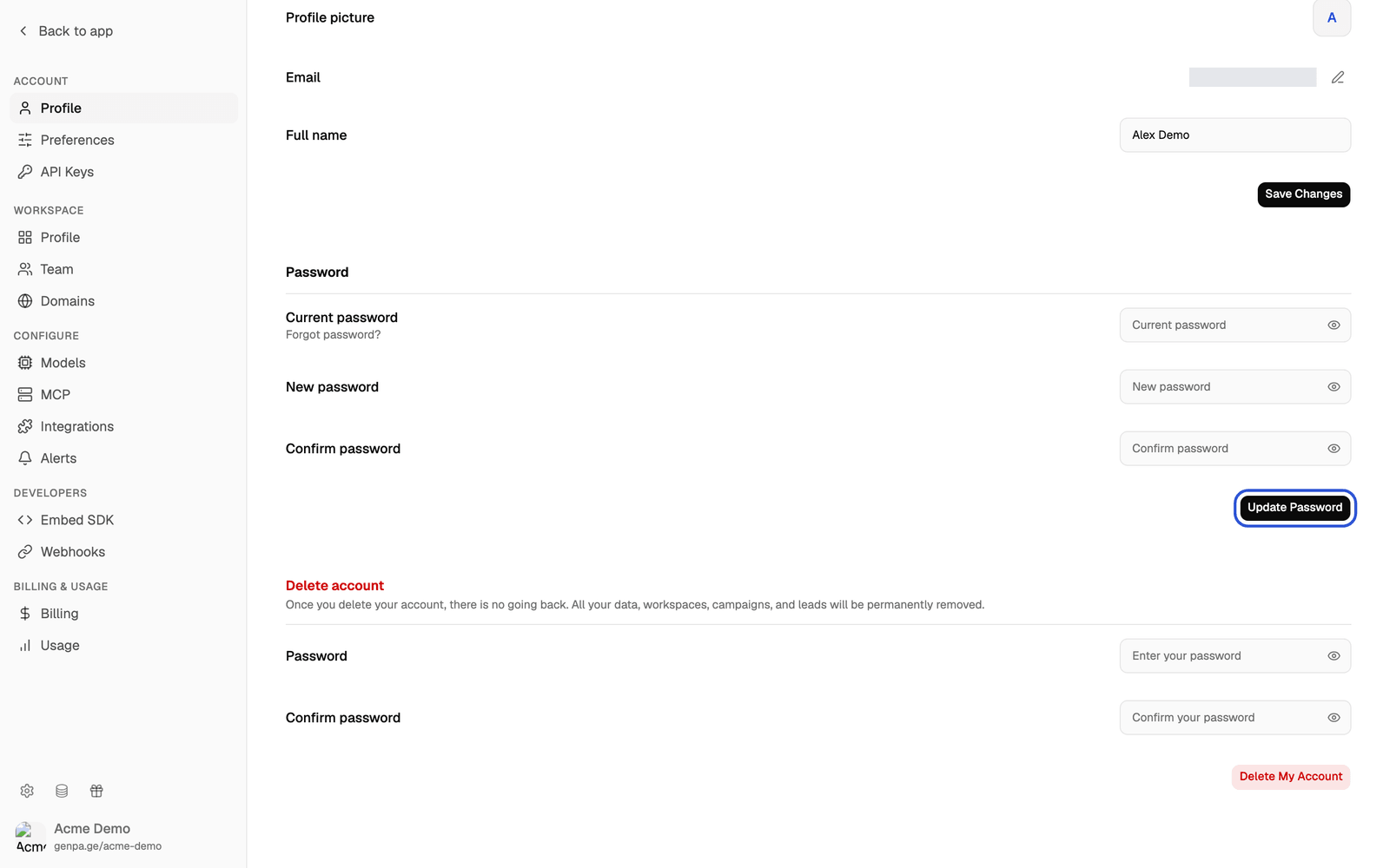 The Password section with the Update Password button highlighted