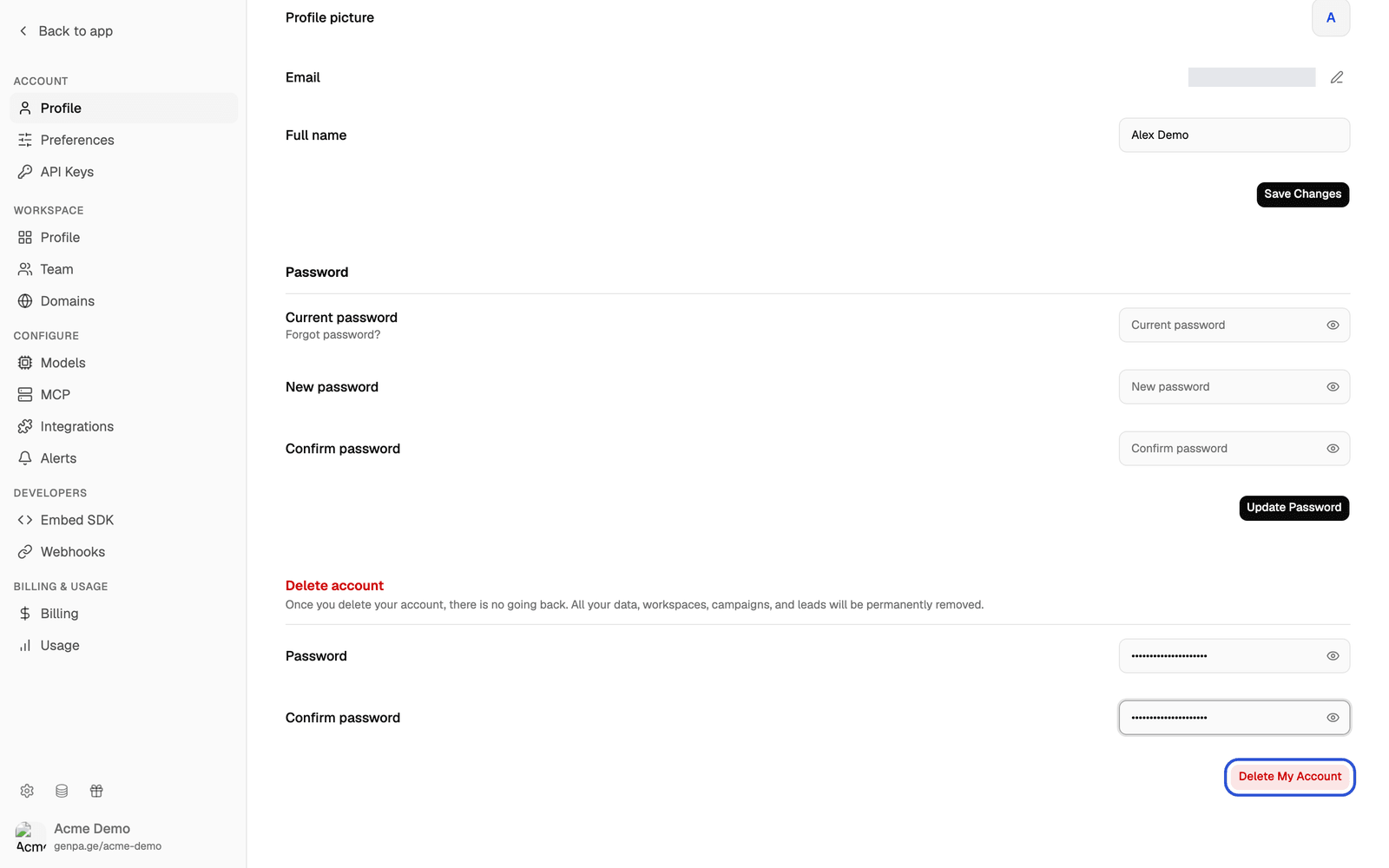 The Delete account section with both password fields filled and the Delete My Account button highlighted