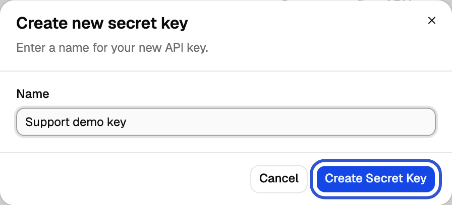 The Create new secret key dialog with a name filled in and the Create Secret Key button highlighted
