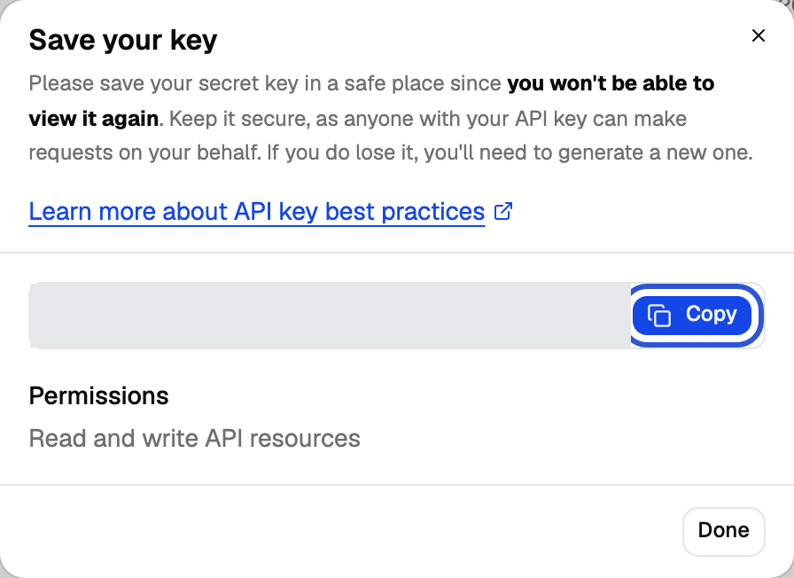 The Save your key dialog with the key hidden and the Copy button highlighted