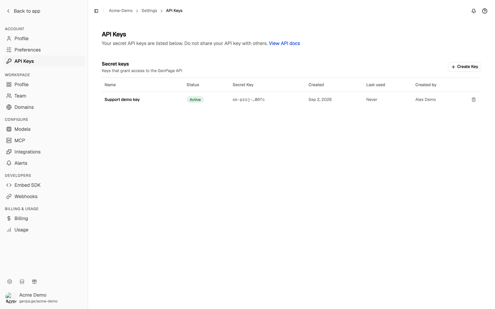 The API Keys list showing the new key as Active