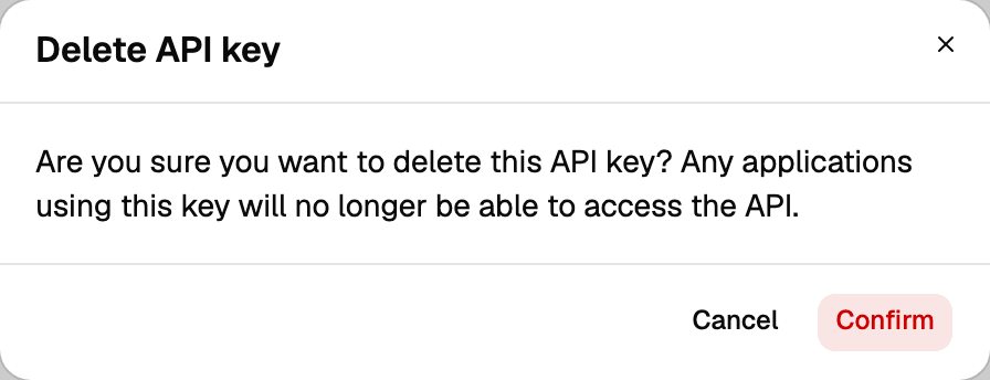The Delete API key dialog asking to confirm