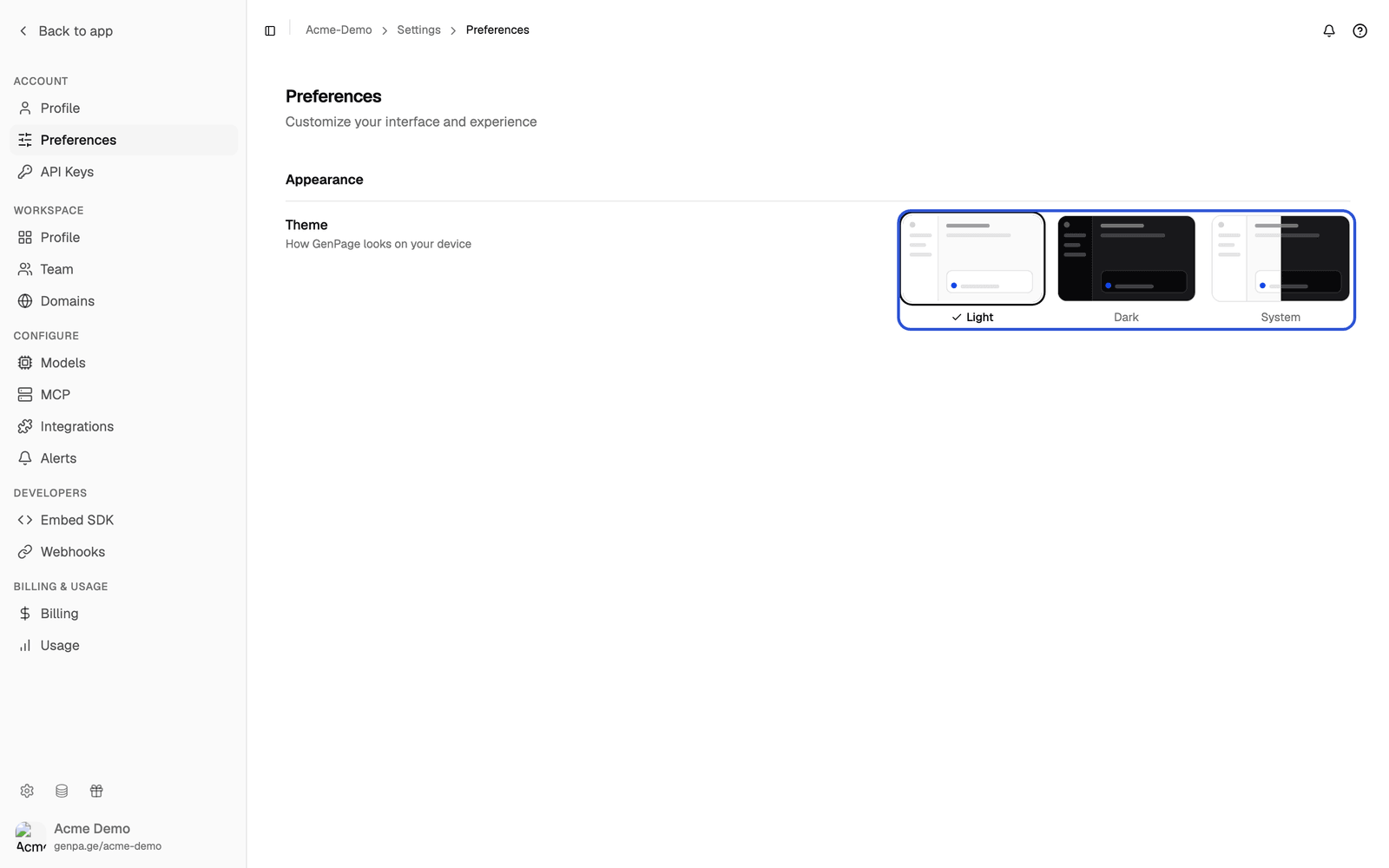 The Theme setting with its three cards, Light, Dark and System, highlighted