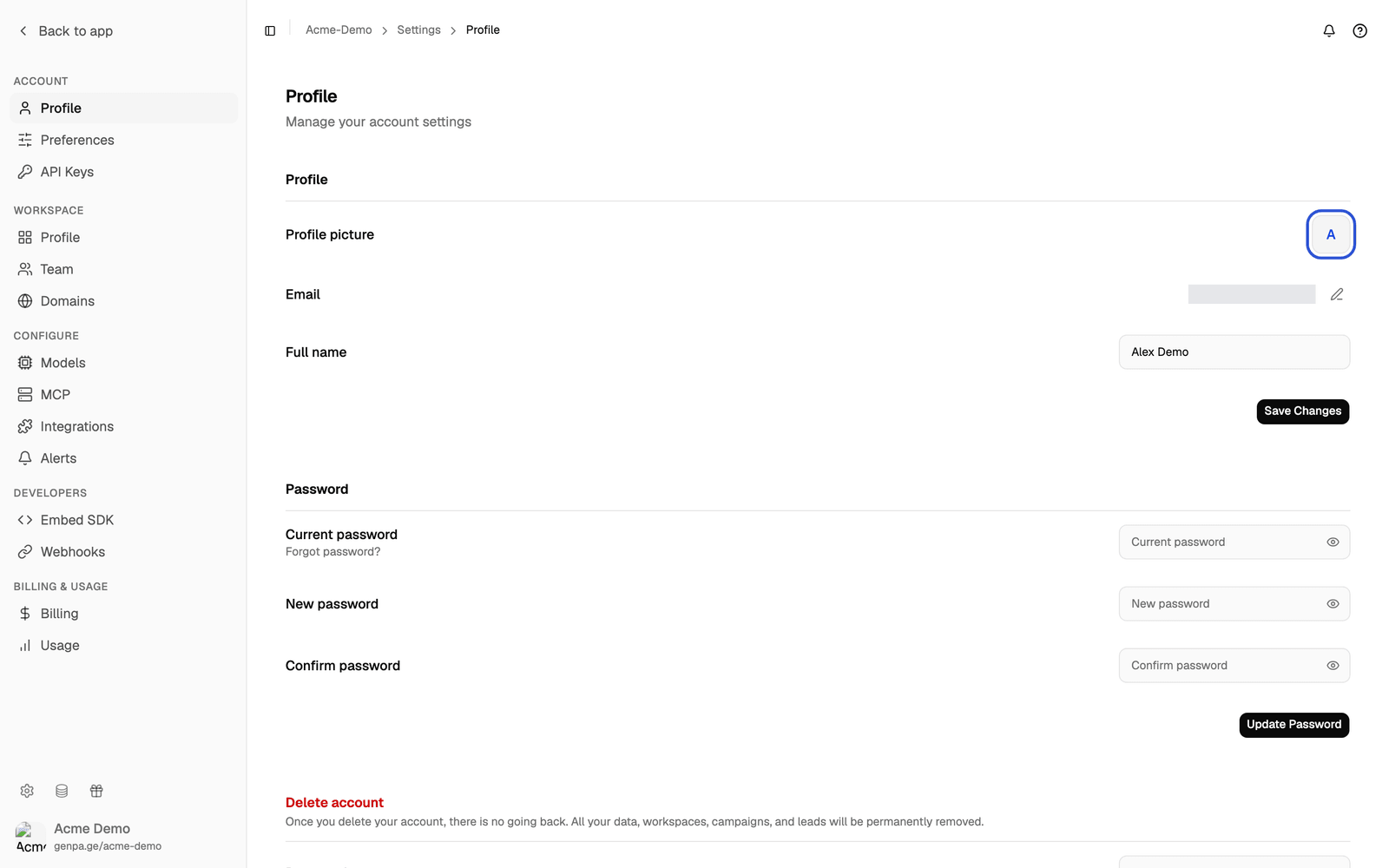 The Profile section with the profile picture button highlighted