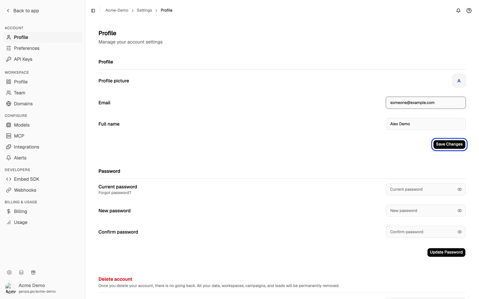 The Profile section with an edited email address and the Save Changes button highlighted