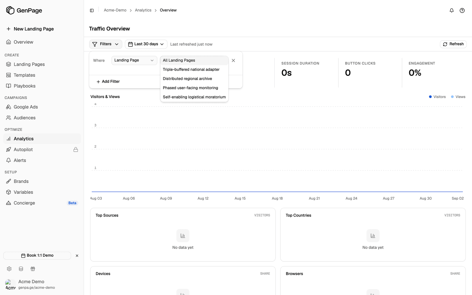 The Filters popover with Landing Page chosen and the list of landing pages open
