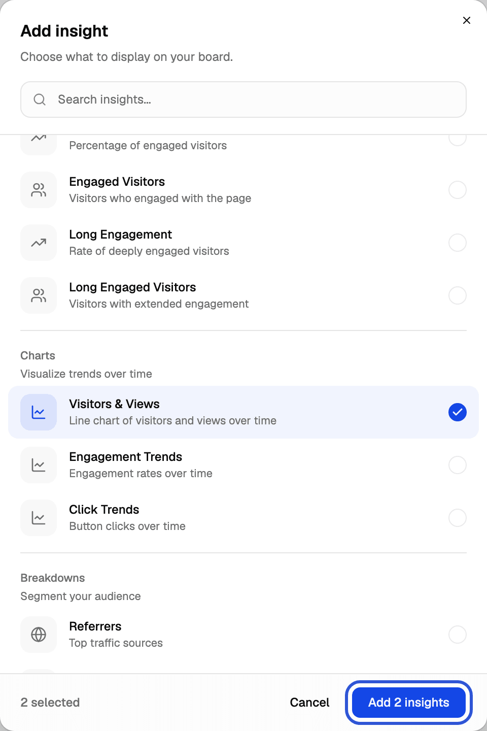 The Add insight dialog with Visitors & Views ticked and the Add 2 insights button highlighted
