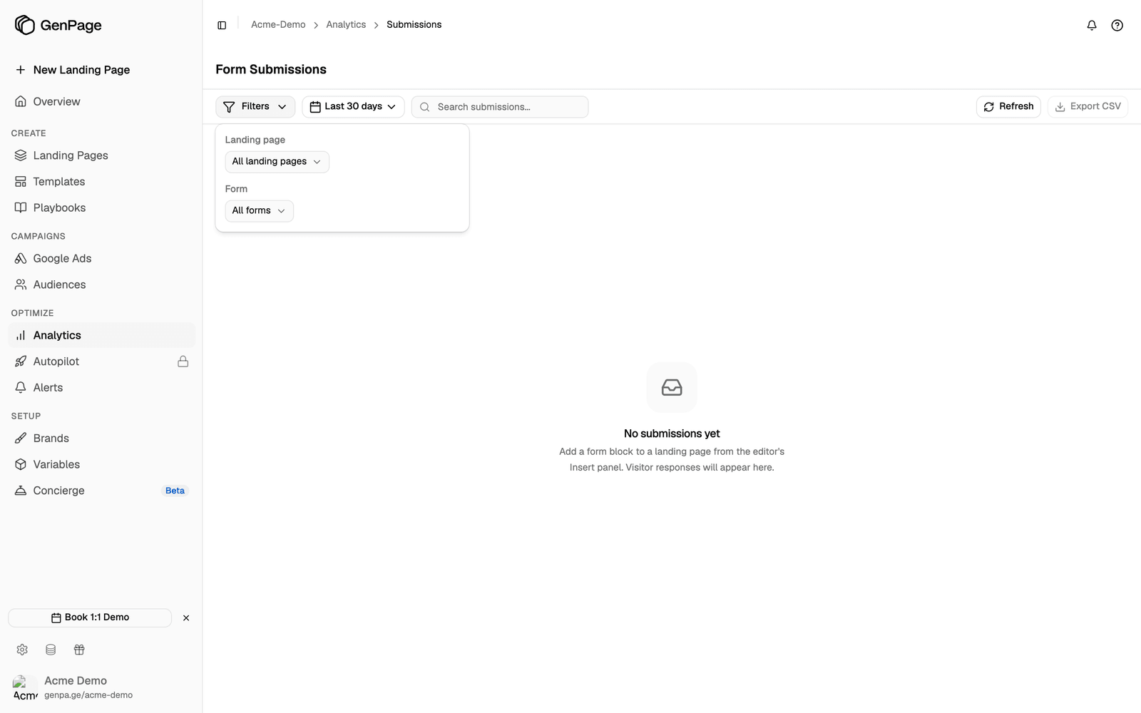 The Filters popover on Form Submissions with the Landing page and Form pickers