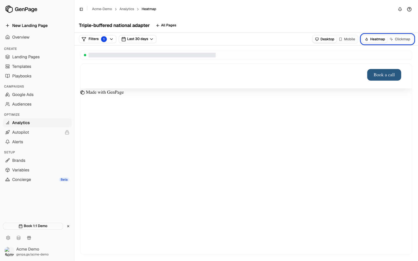 A single landing page's heatmap view with the Heatmap and Clickmap buttons highlighted