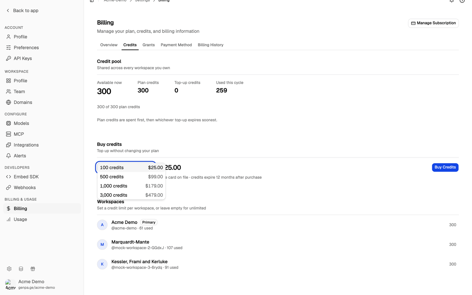Credit pack dropdown open, listing the available pack sizes with their prices
