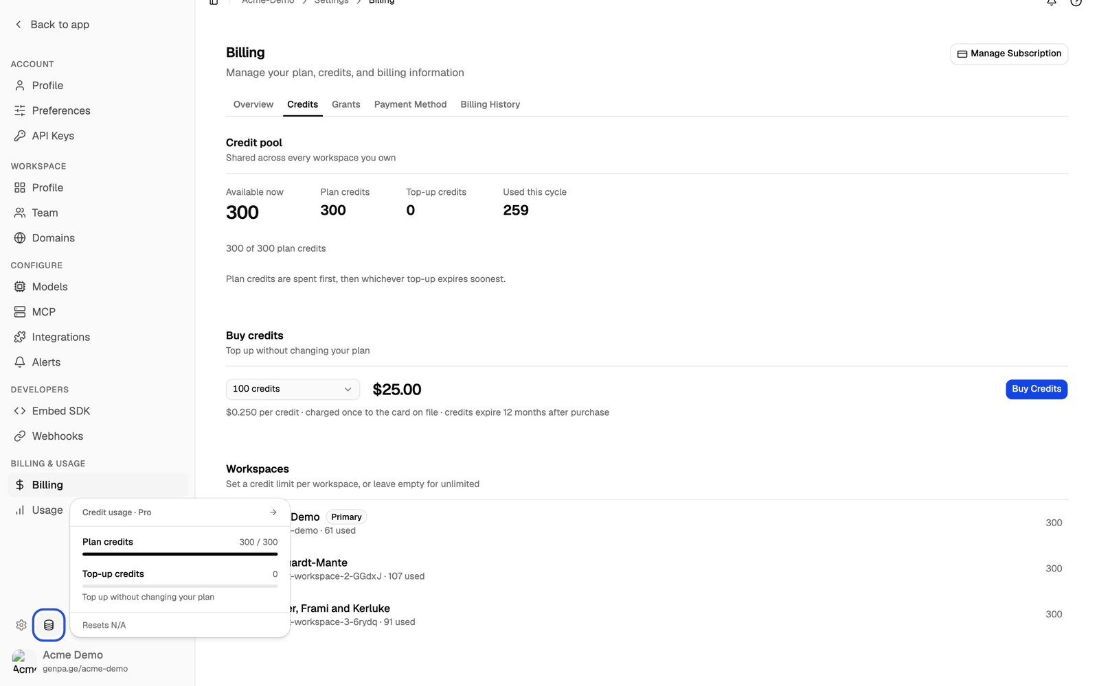 Sidebar usage popover showing the Plan credits and Top-up credits meters