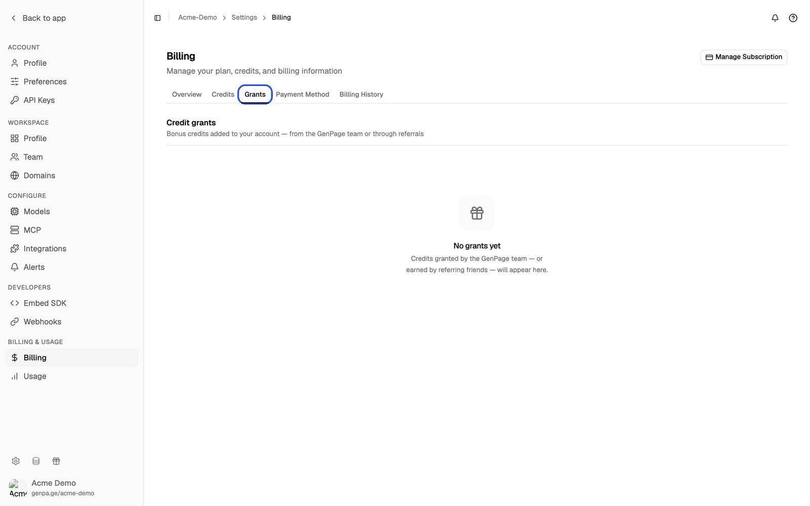 Billing page with the Grants tab highlighted, showing the No grants yet empty state