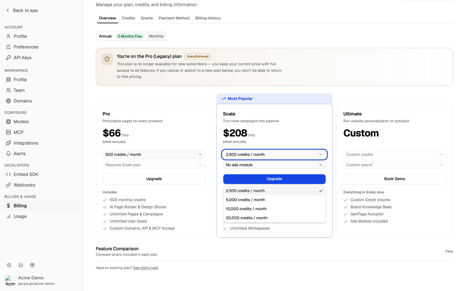 Scale card with the credits per month dropdown open, listing the available allowances