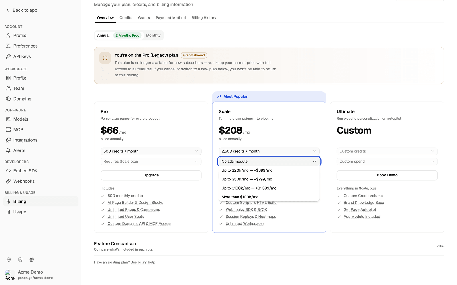 Scale card with the ads module dropdown open, listing the spend bands