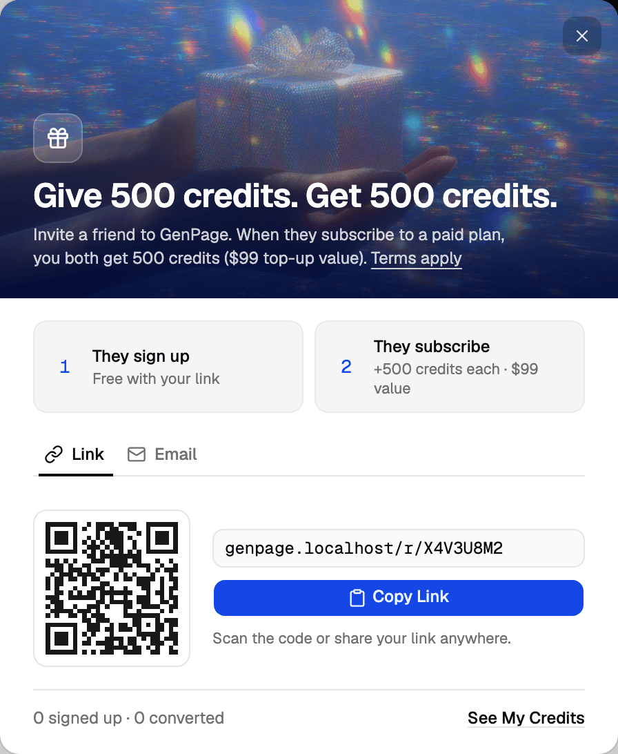 Referral dialog with the offer, the two steps, the QR code and the Copy Link button