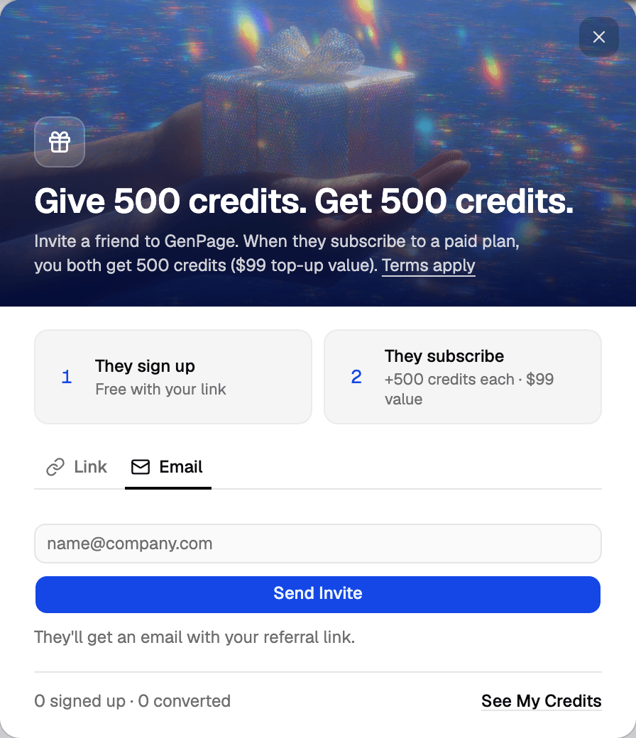Referral dialog on the Email tab with the address field and the Send Invite button