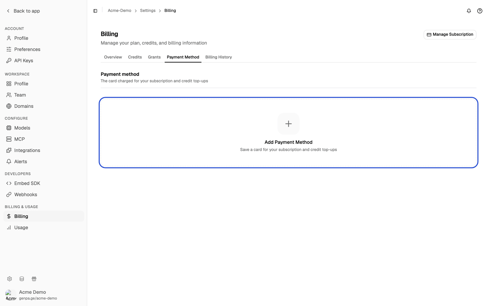Payment Method tab with the Add Payment Method tile highlighted