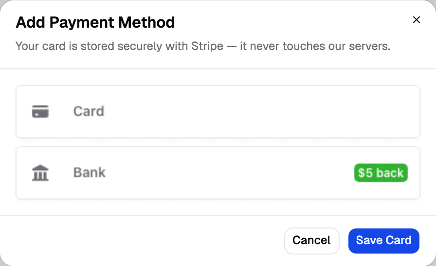 Add Payment Method dialog with the Card option and the Save Card button