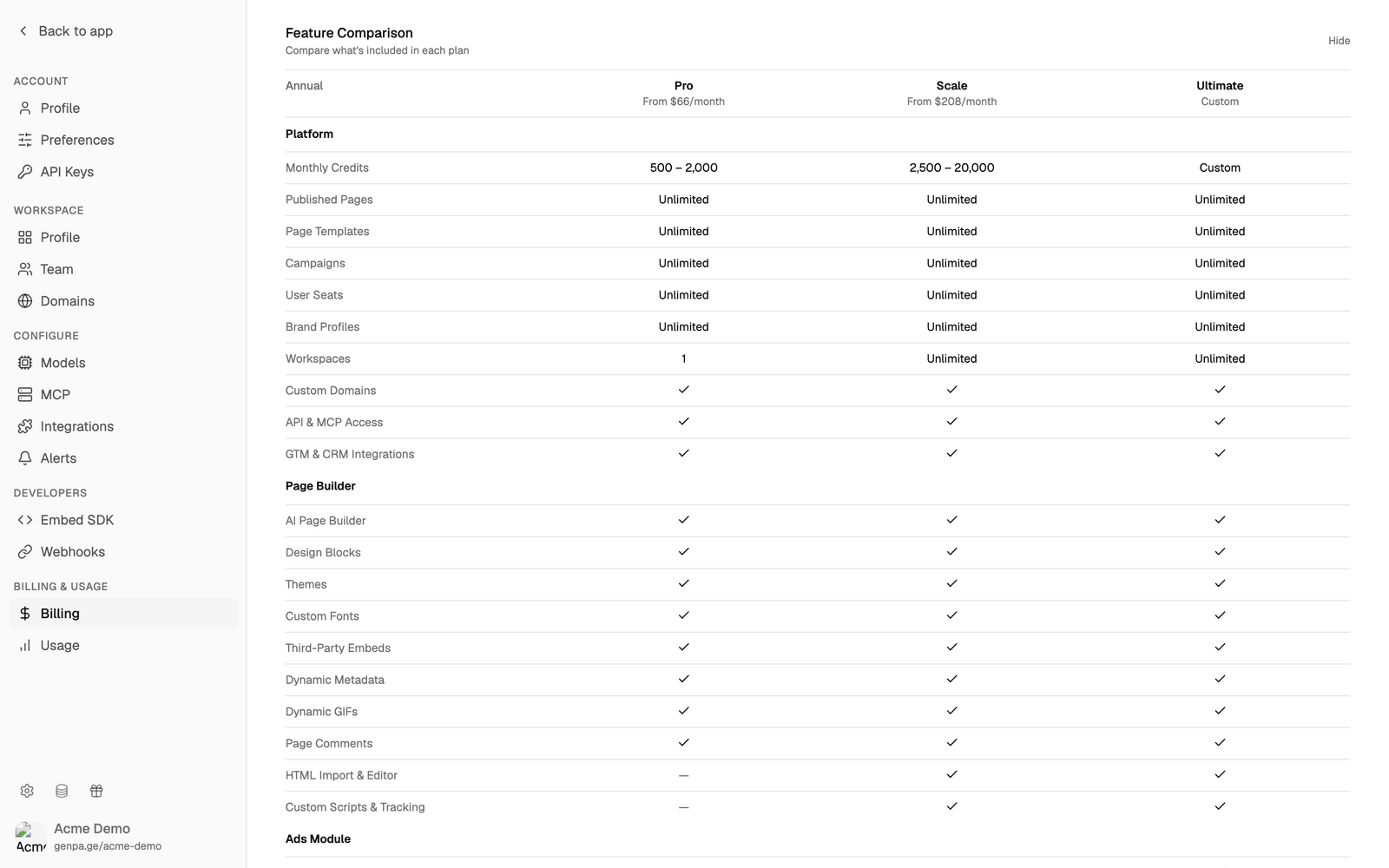 Feature comparison table below the plan cards