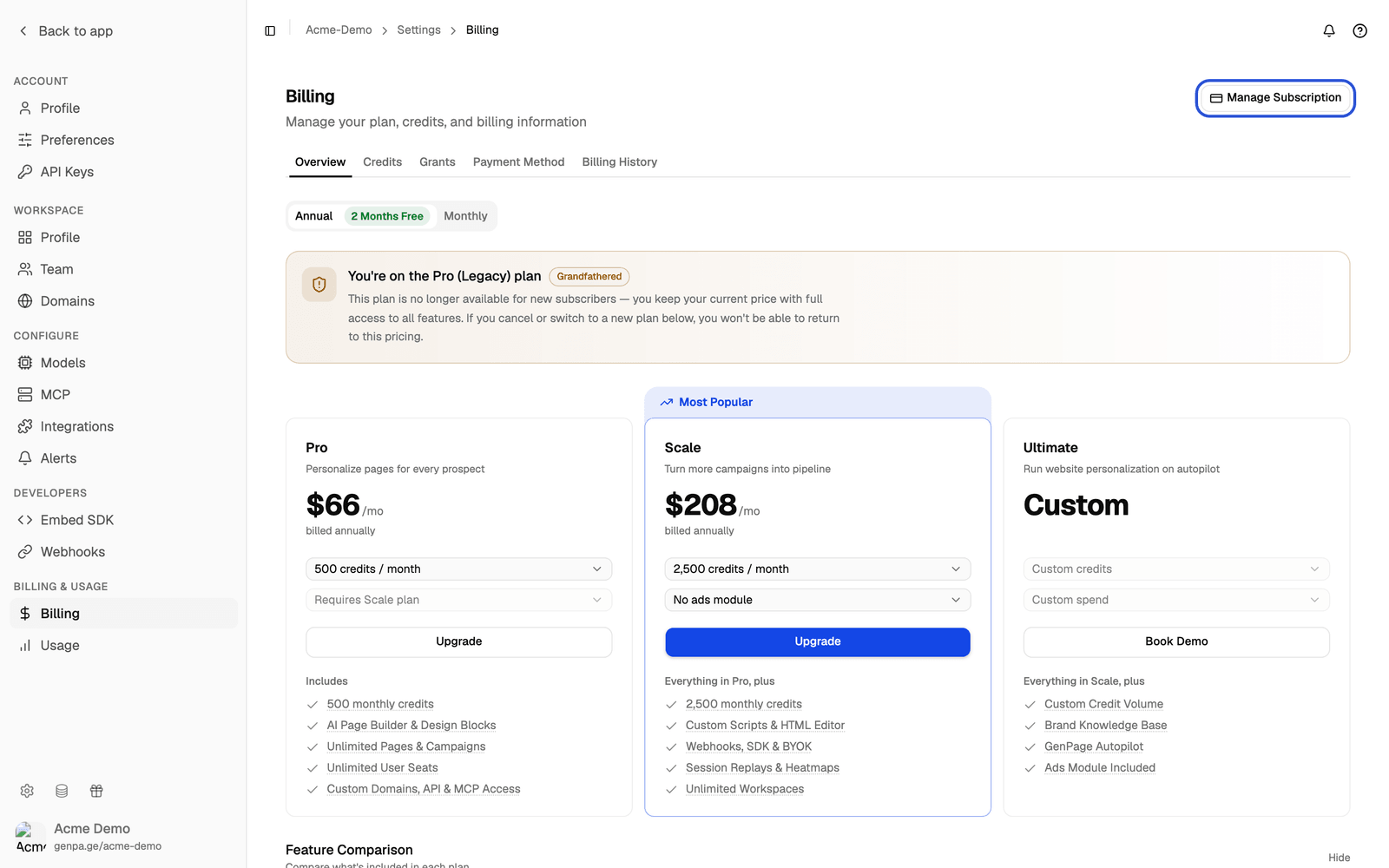 Billing page with the Manage Subscription button highlighted