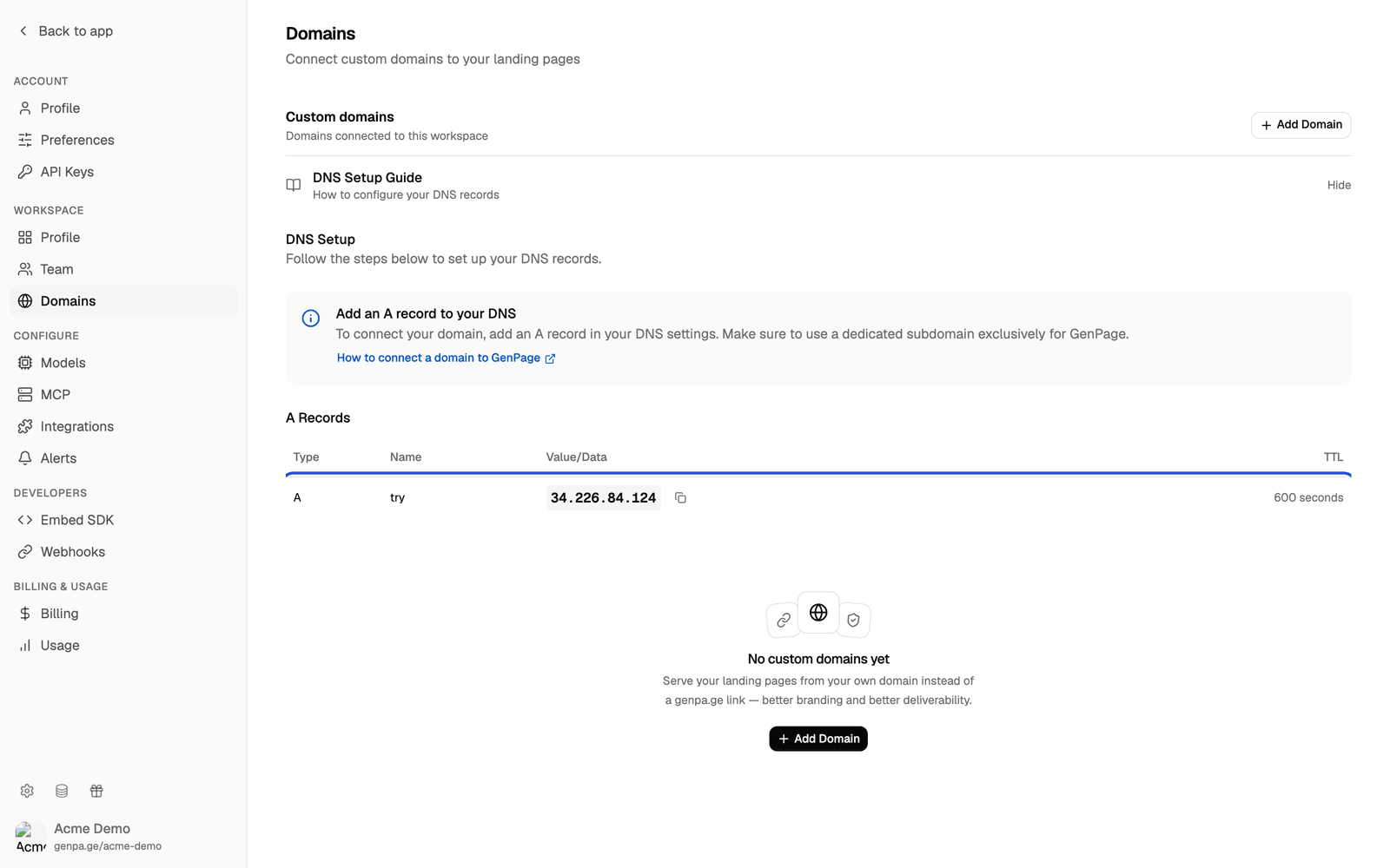 DNS Setup Guide showing the A record with name try, value 34.226.84.124 and a TTL of 600 seconds