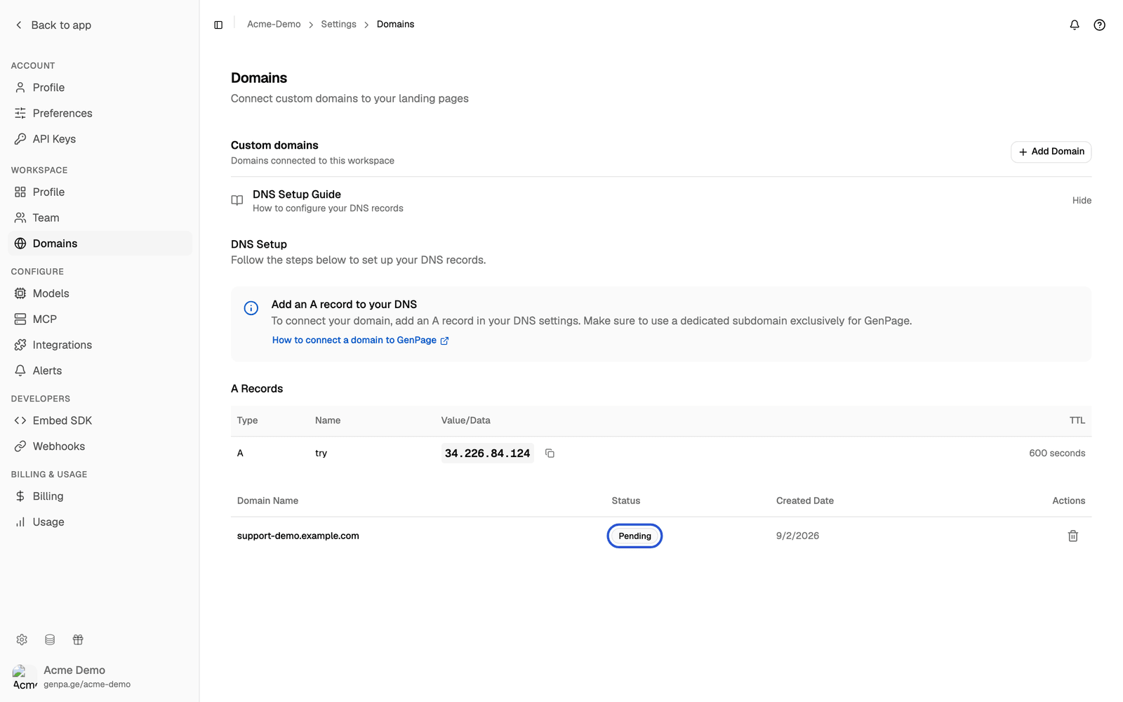 Domains table listing the new domain with its Pending status highlighted