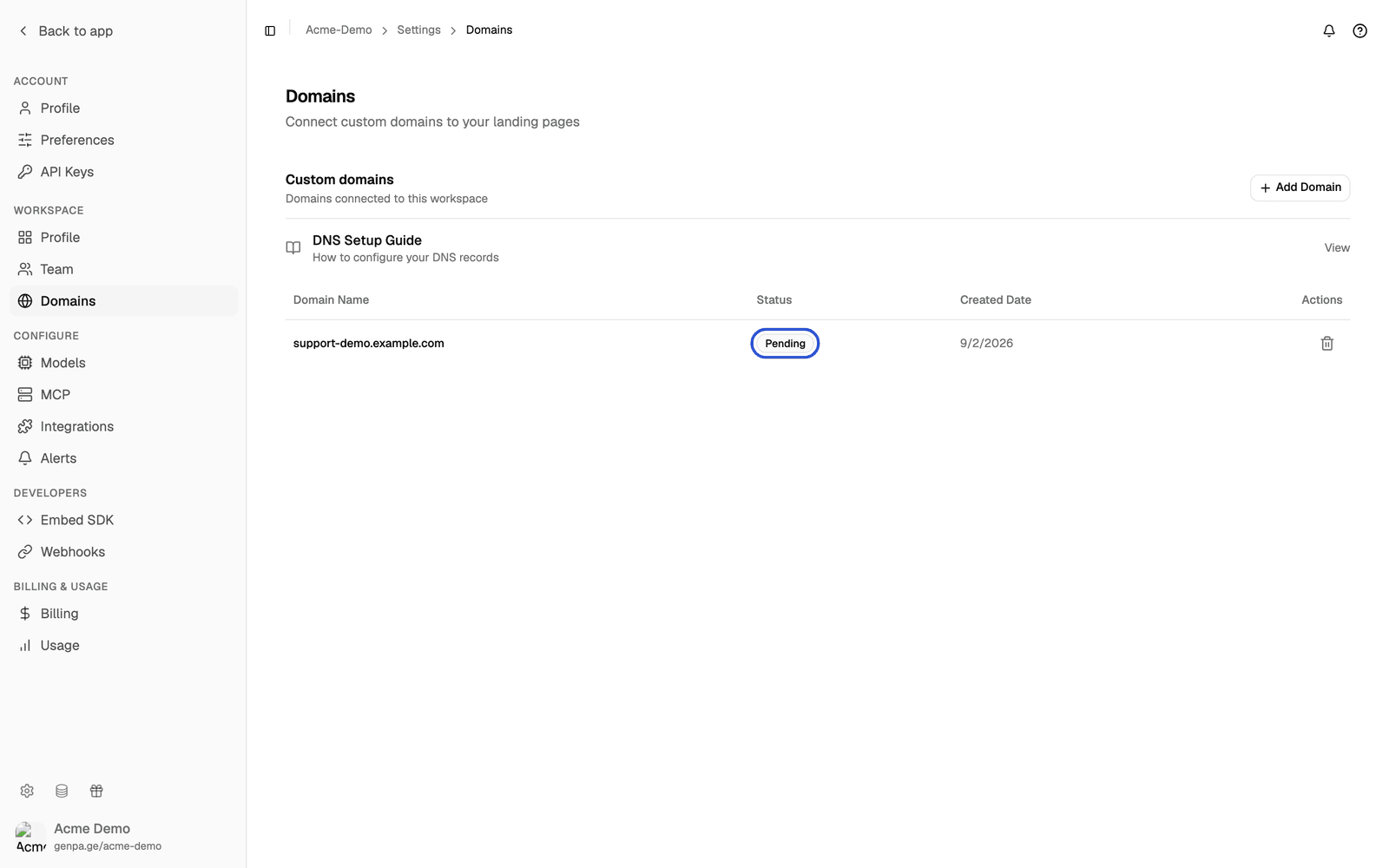 Domains table with the domain still showing the Pending status