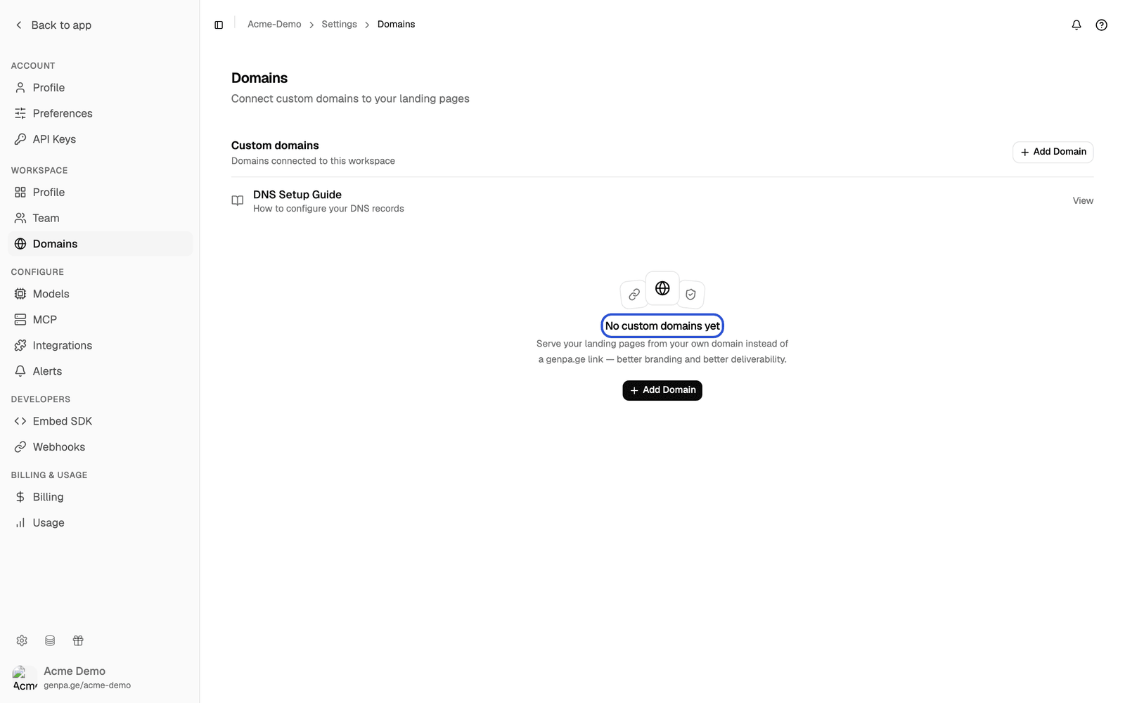 Domains page back in its empty state with the No custom domains yet heading highlighted