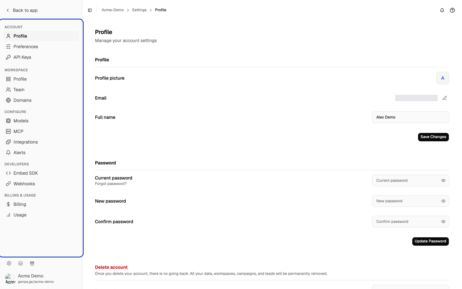 The settings sidebar with its Account, Workspace, Configure, Developers and Billing & Usage groups highlighted