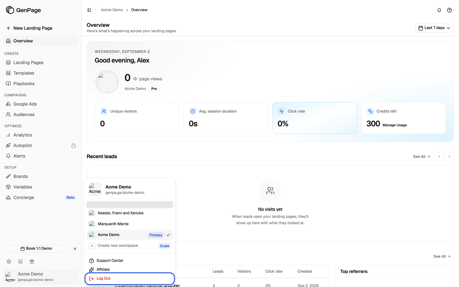 The workspace menu open at the bottom of the sidebar, with Log Out highlighted