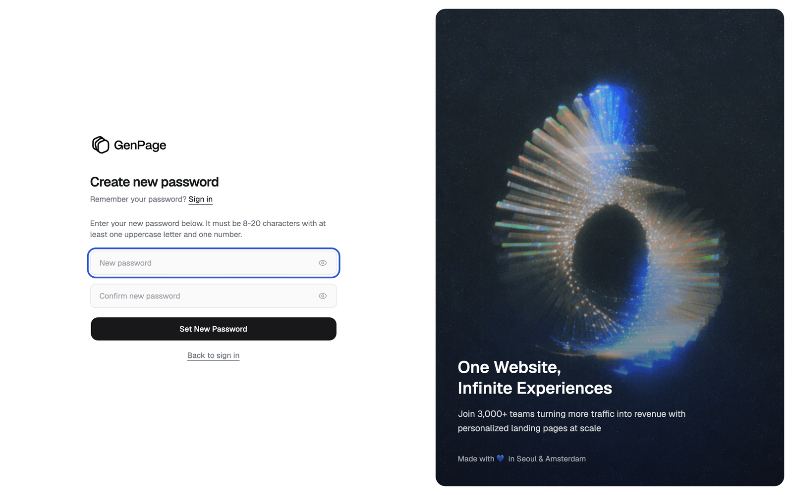 The Create new password page with the New password field highlighted