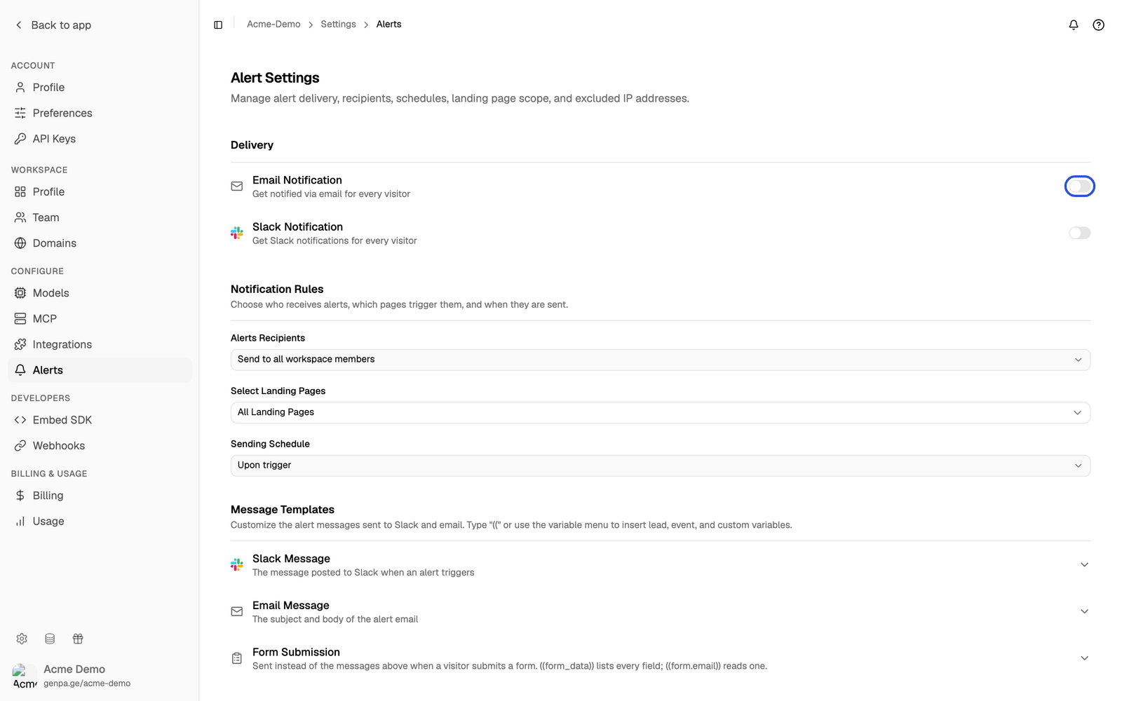 Alert Settings page with the Email Notification and Slack Notification switches under Delivery, the Email Notification switch highlighted