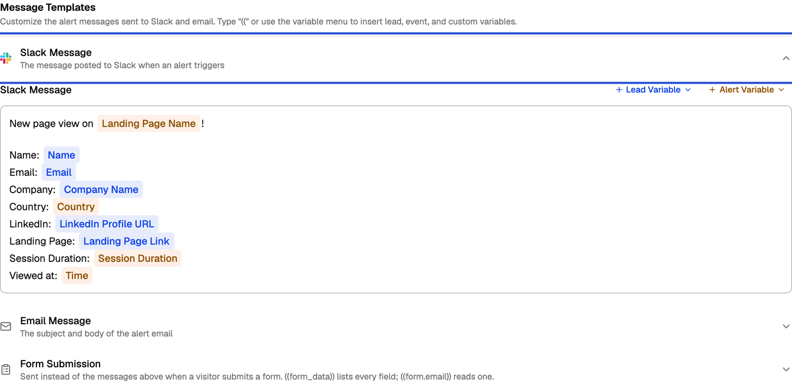 Message Templates section with the Slack Message template expanded, showing the default message with lead and alert variables