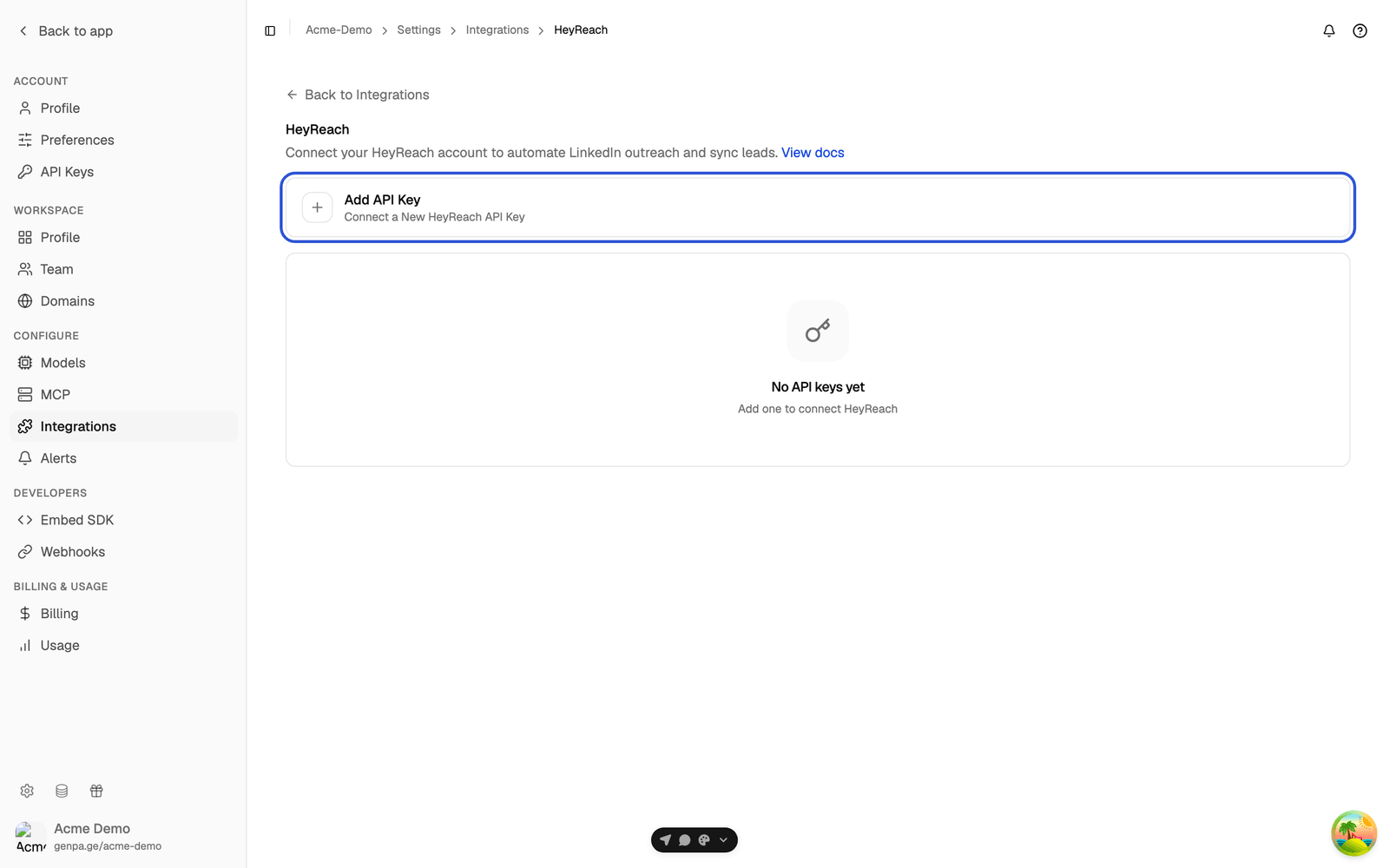 HeyReach page with the Add API Key button highlighted and the empty key list below it
