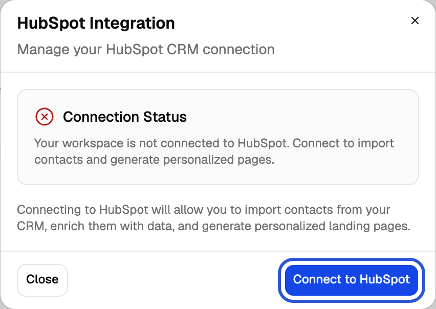 HubSpot Integration dialog with the Connection Status box and the Connect to HubSpot button highlighted