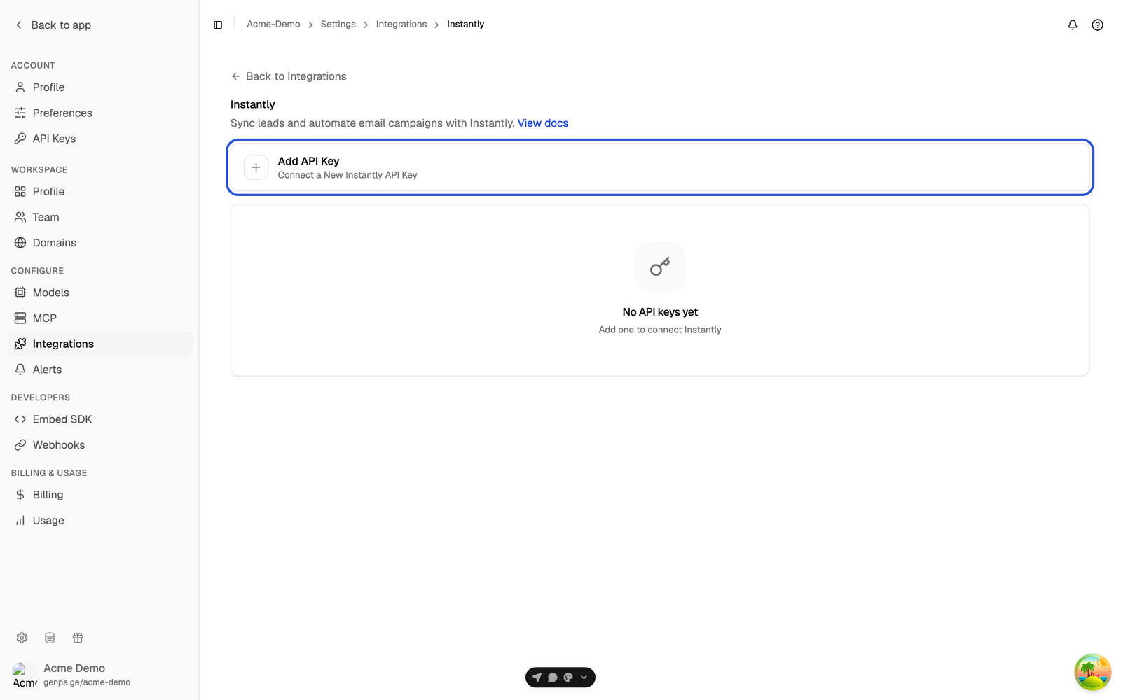 Instantly page with the Add API Key button highlighted and the empty key list below it