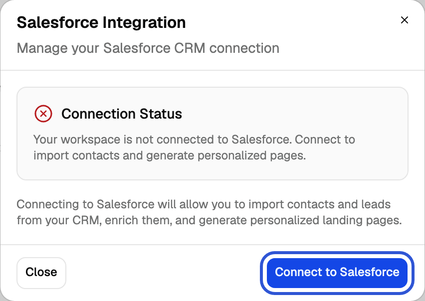 Salesforce Integration dialog with the Connection Status box and the Connect to Salesforce button highlighted