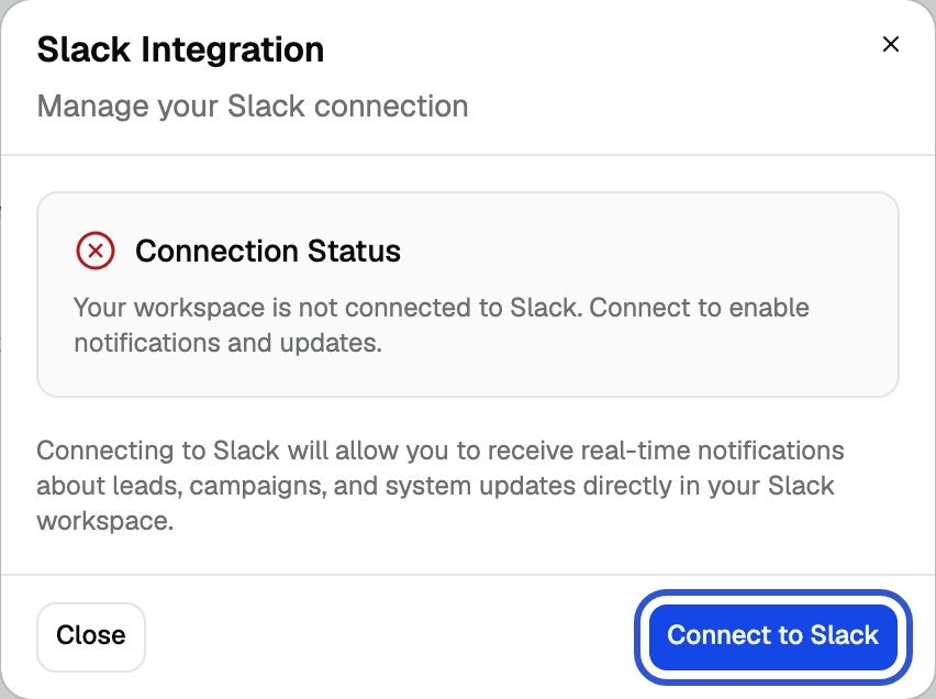 Slack Integration dialog with the Connection Status box and the Connect to Slack button highlighted