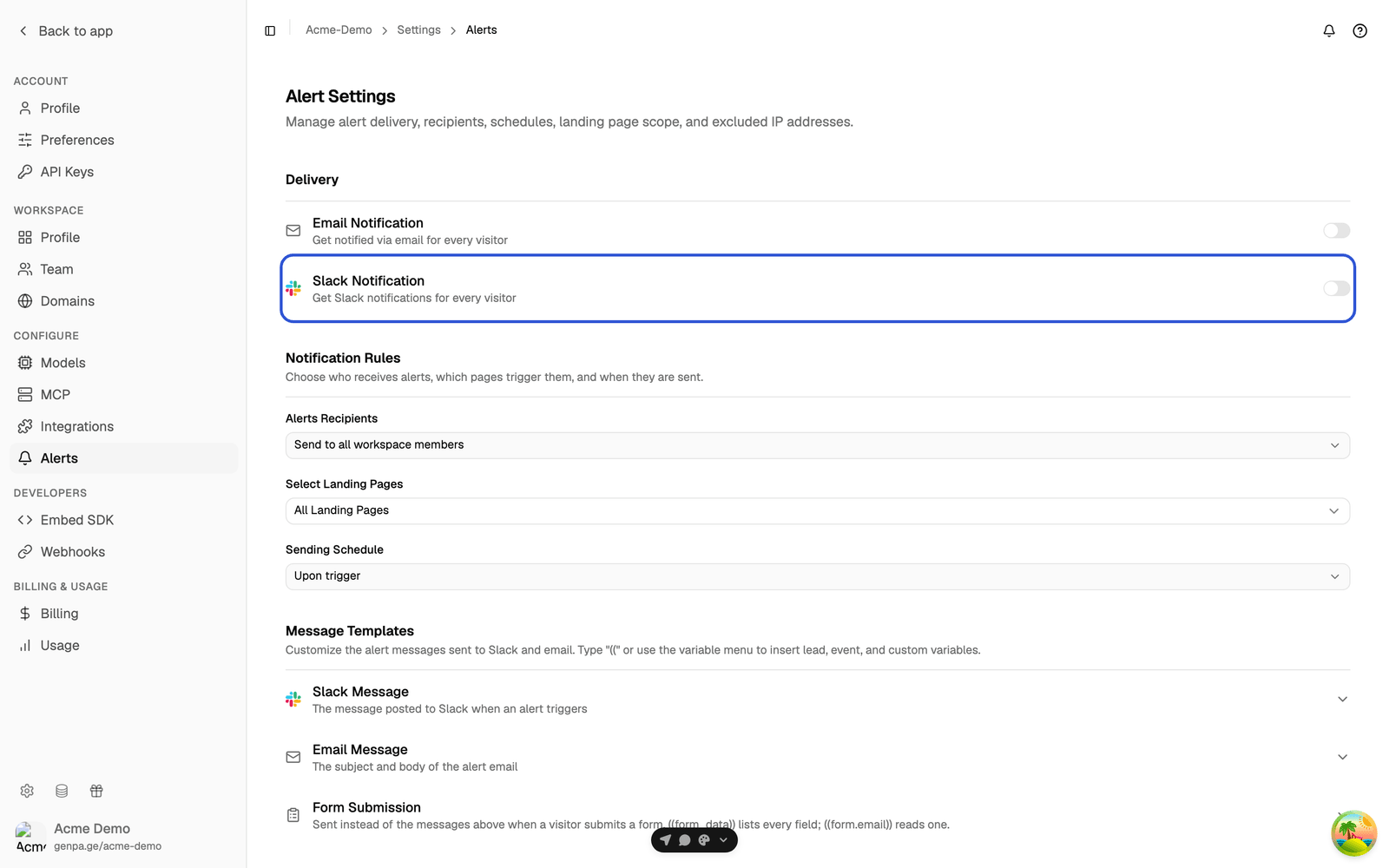 Alert Settings page with the Slack Notification switch under Delivery highlighted