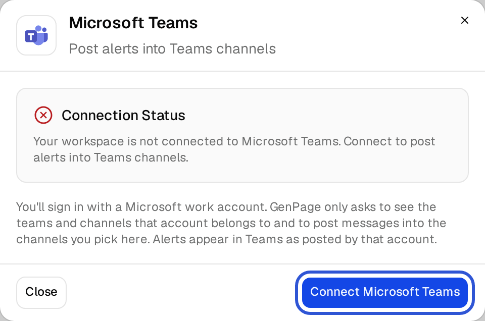 Microsoft Teams dialog with the Connection Status box and the Connect Microsoft Teams button highlighted