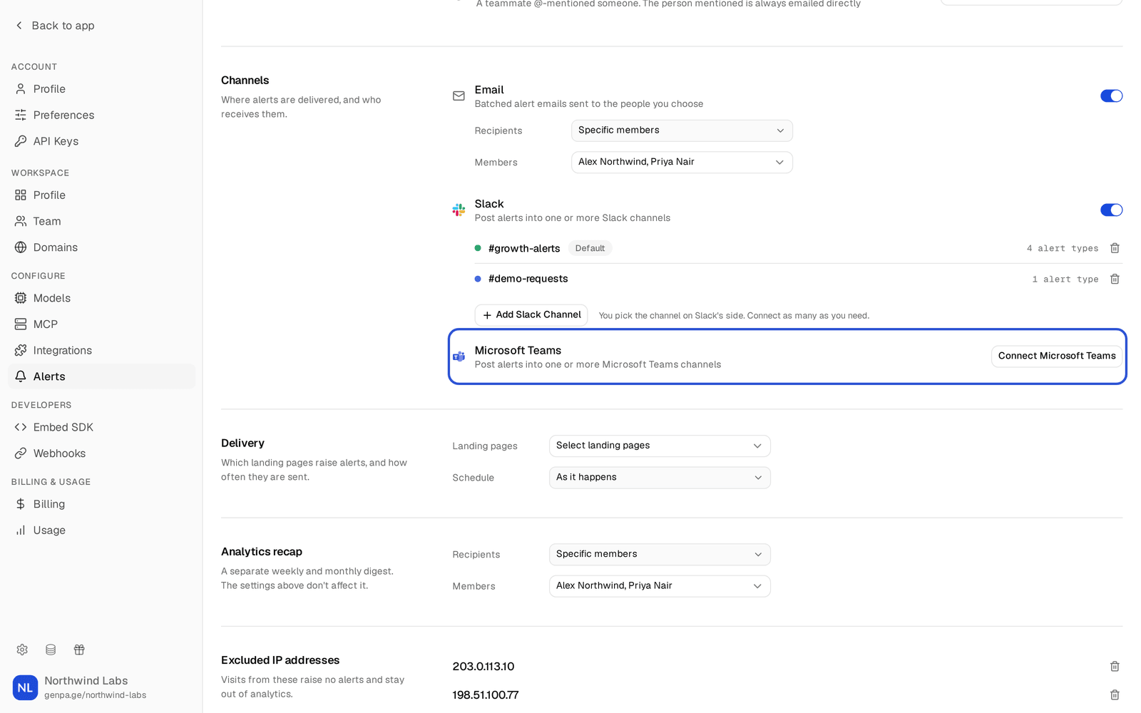 Alert settings page with the Microsoft Teams row under Channels highlighted