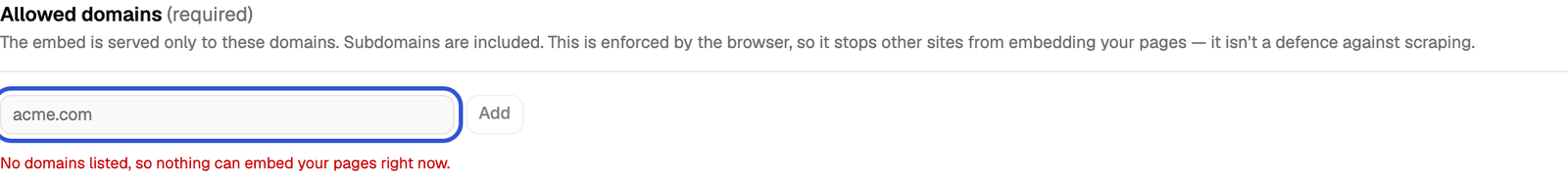 Allowed domains section with the domain field highlighted and the warning that no domains are listed