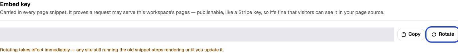 Embed key section with the masked key, the Copy button and the Rotate button highlighted