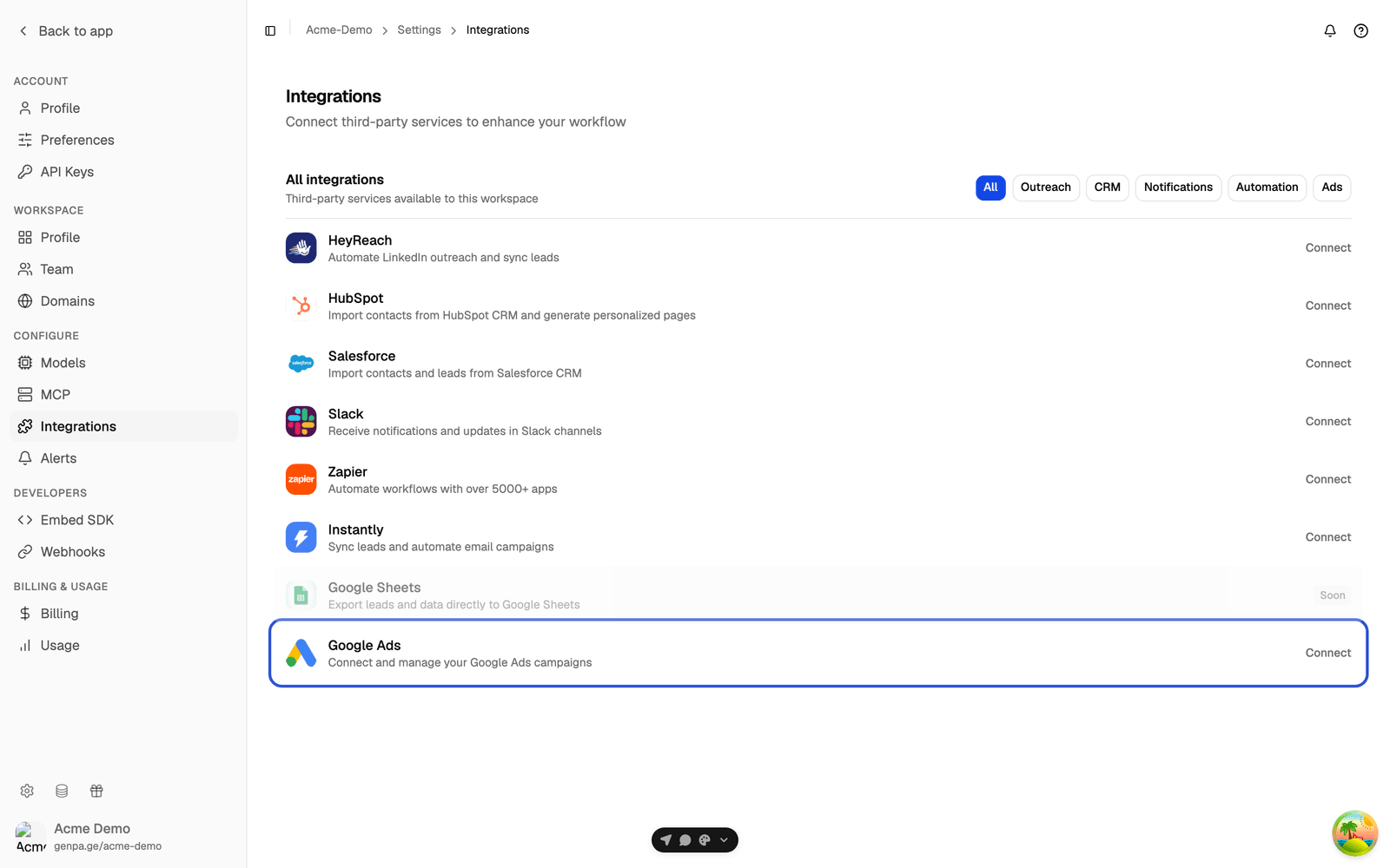 Integrations list with the Google Ads row highlighted