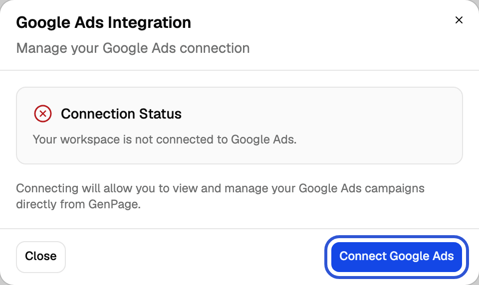Google Ads Integration dialog with the Connection Status box and the Connect Google Ads button highlighted