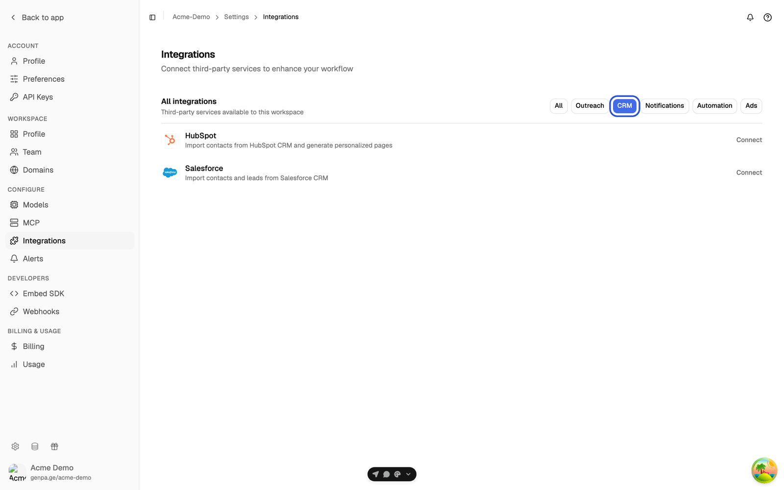 Integrations list filtered to the CRM category, showing HubSpot and Salesforce