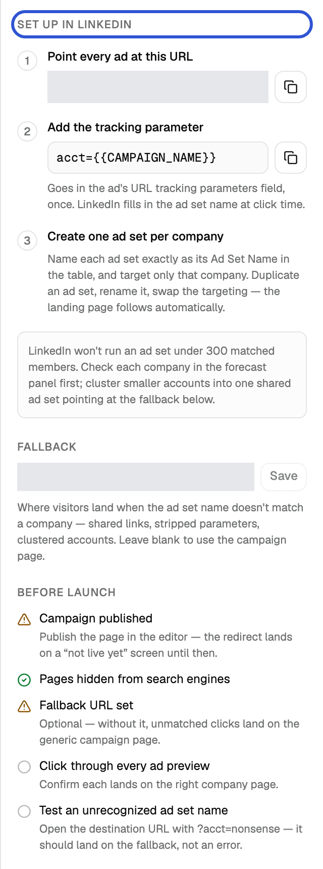 Set Up in LinkedIn panel with the three steps, the Fallback field and the Before Launch checklist