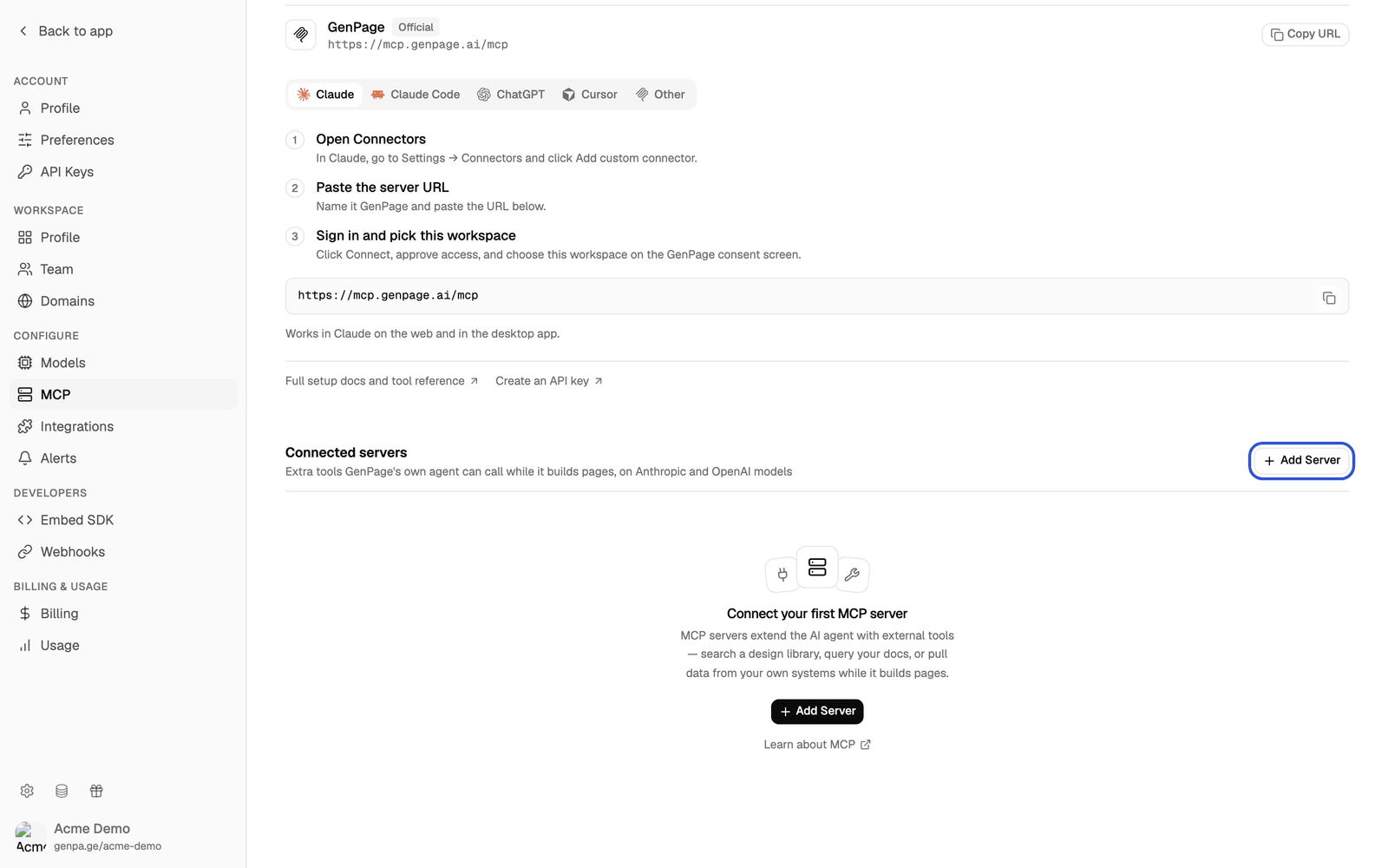Connected servers section in its empty state with the Add Server button highlighted