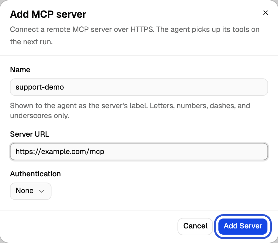 Add MCP server dialog with a name and server URL filled in, authentication set to None, and the Add Server button highlighted