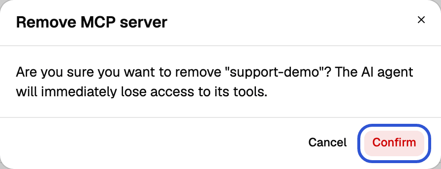 Remove MCP server confirmation dialog with the Confirm button highlighted